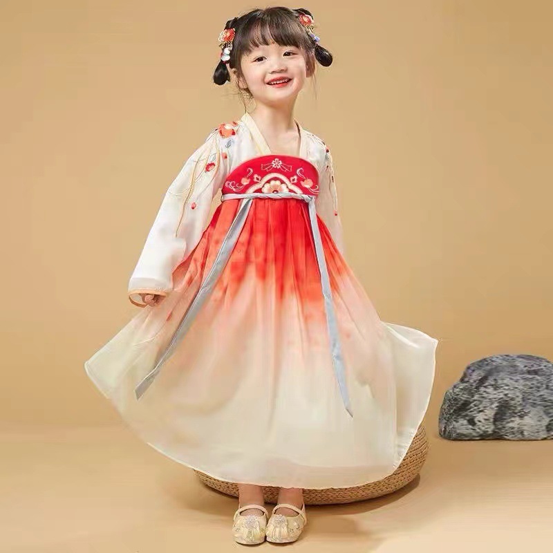 女童汉服复古中国风儿童襦裙春夏长袖复古连衣裙儿童古风演出服