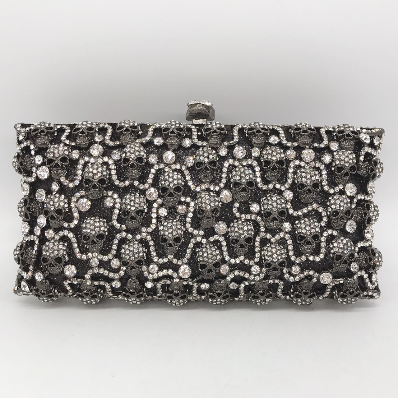 Bolsos de banquete de cráneo con diamantes horizontales, bolsas de mano de diamantes negras completas, bolsas de banquete transfronterizas de mujeres, bolsas de caja dura