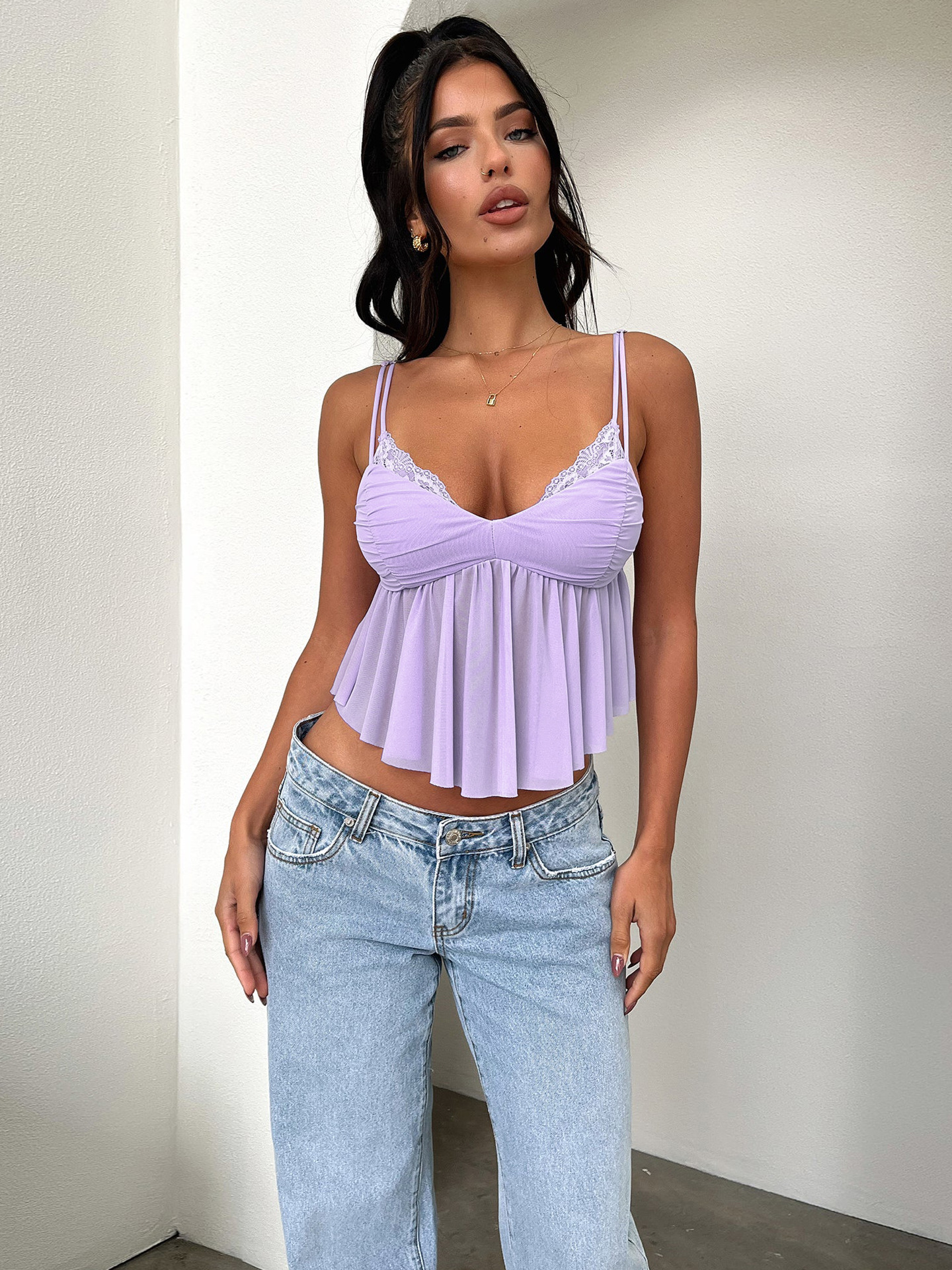 2023 Bretella in pizzo Bm con giunture in rete da donna Gilet inferiore sexy Top piccante per ragazza_voghion.com