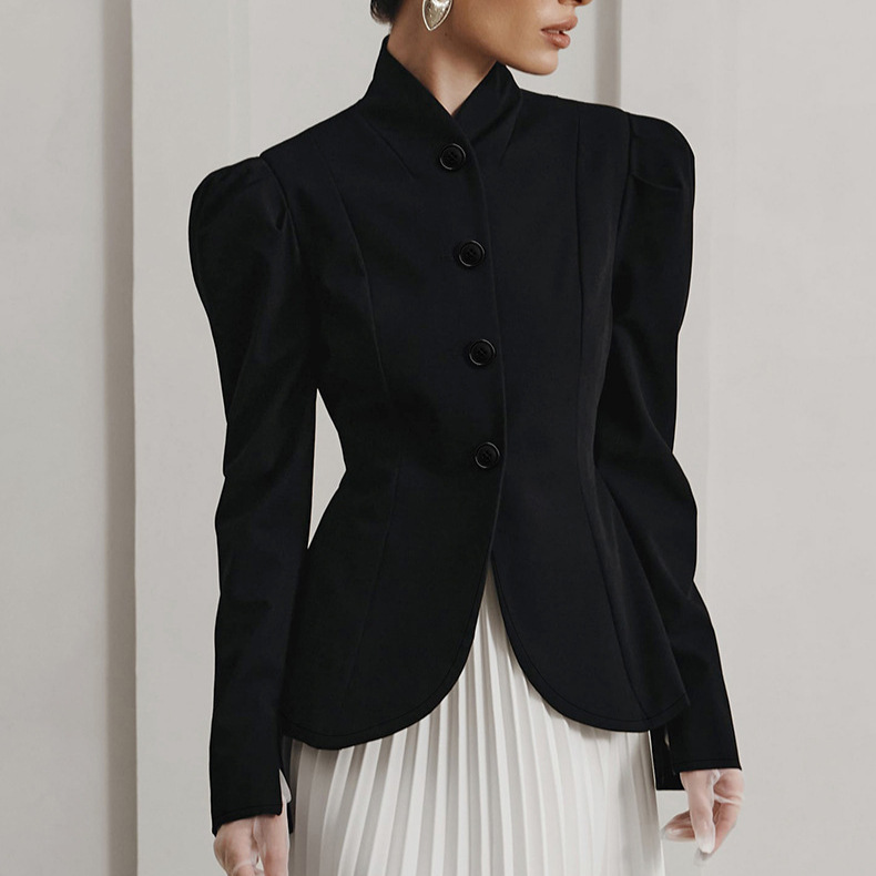 French-Style Elegant Retro Stand-Collar Black Blazer Autumn and Winter Elegant Commuter Puff Sleeve Chanel-Style Jacket for Women