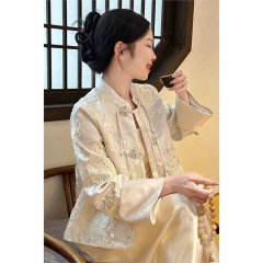大码早春新中式国风改良提花盘扣缎面外套+吊带连衣裙气质两件套