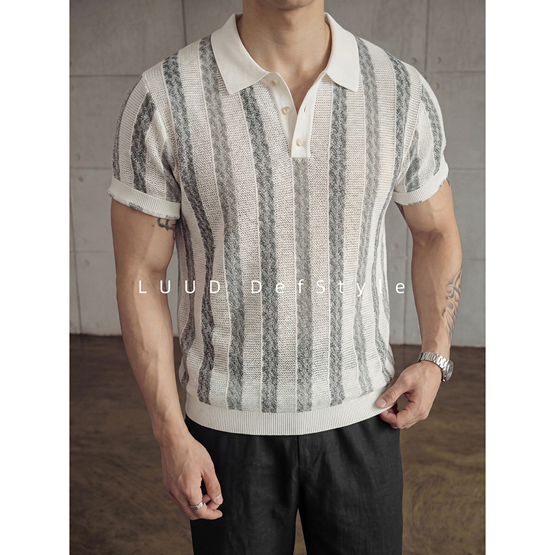Polo camiseta de punto camiseta de manga corta camiseta de hombre solapa rayas huecas viejos vientos de alto nivel de verano fábrica transfronteriza al por mayor