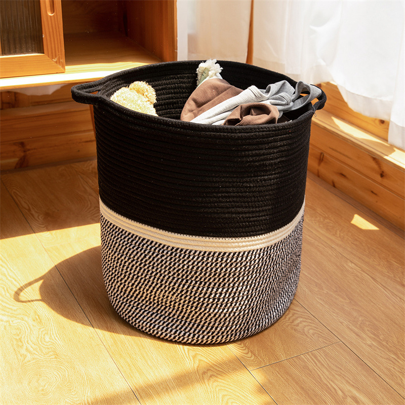 Jute Cotton Rope Storage Basket, Woven Basket, Storage Basket, Storage Bin, Cotton and Linen Foldable Hand-Carrying Round Bucket