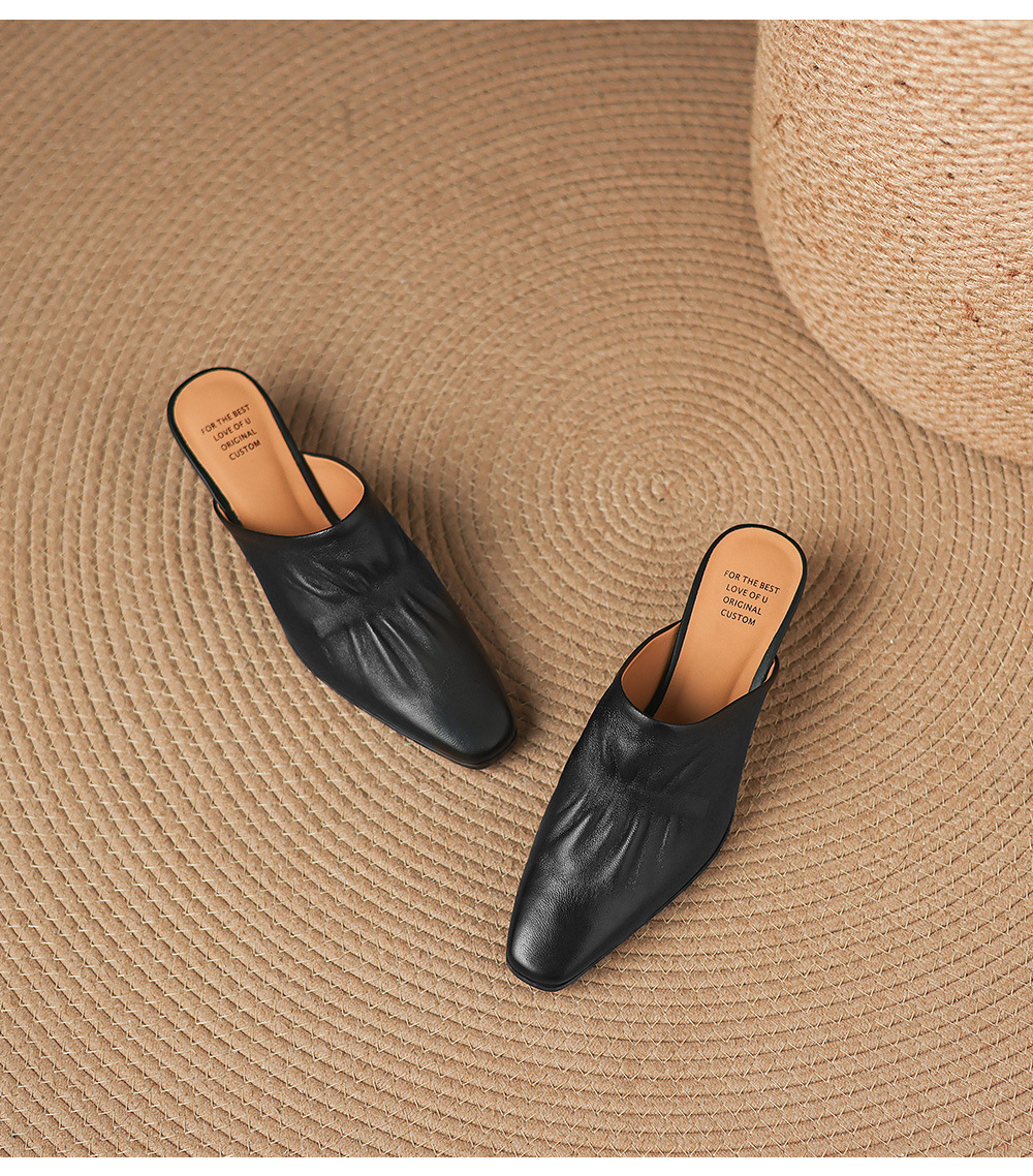 Sandal nữ bít mũi hở gót cao gót thô 5 cm, da bò mùa xuân hè — đen chi tiết 21
