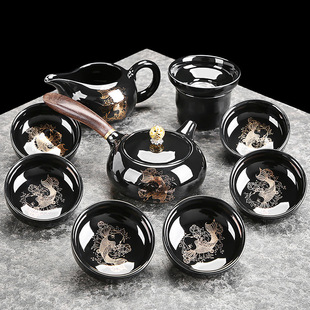 Black Glaze Chinese Household Simple Kung Fu Tea Set Ceramic Side Tail Teapot Tea Sea Dry Brew Tea Tray Tea Table Complete Set