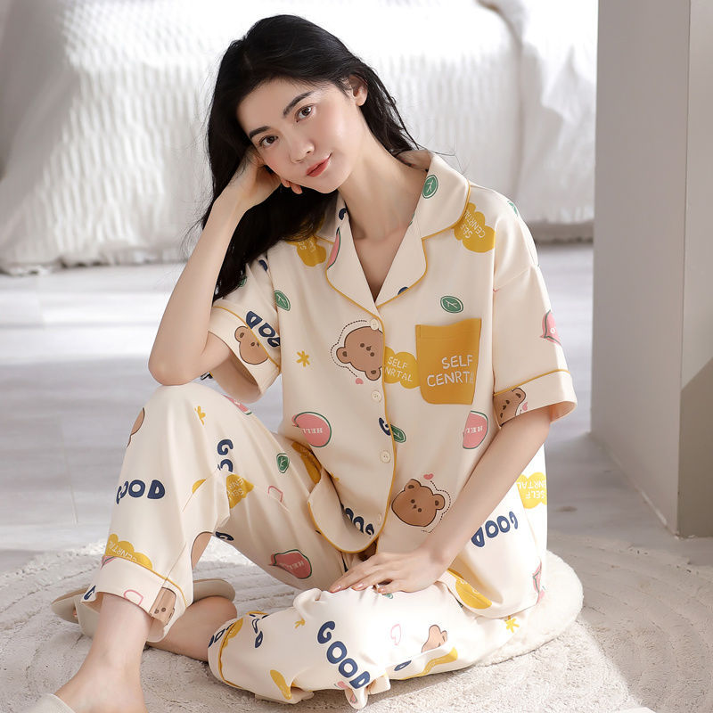 Pijamas de mujer de verano 100% algodón pantalones de manga corta de verano de las mujeres de estilo coreano ropa de abrigo casual homewear