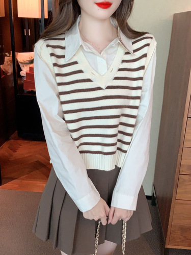 Vest vest autumn new design niche outer wear knitted striped loose v-neck fake two-piece shirt for women