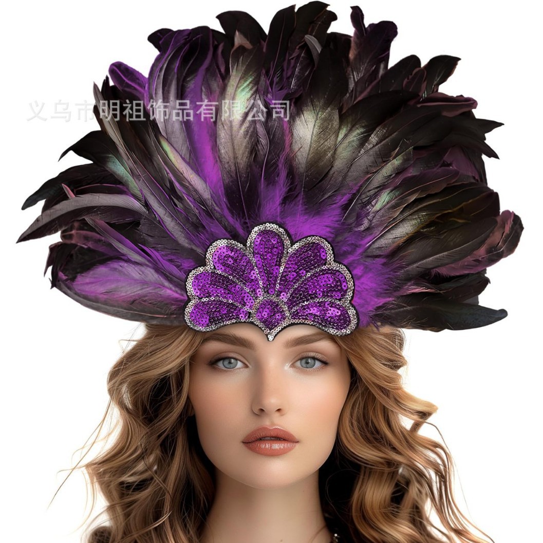 欧美跨境爆款狂欢节羽毛亮片头带 鸡尾酒舞会夸张发带