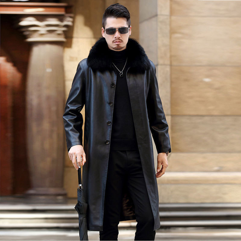 Thickened Long Leather Coat Men's Lapel Fur Integrated Leather Coat Thickened Over-the-knee Leather Coat Men's Coat