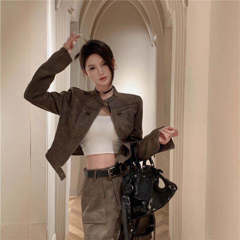 美式复古秋季短款机车服外套女春秋2025新款咖色帅酷气质夹克|undefined