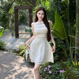 跨境性感无袖针织女装连衣裙2026夏季新款气质时尚缕空收腰A字裙