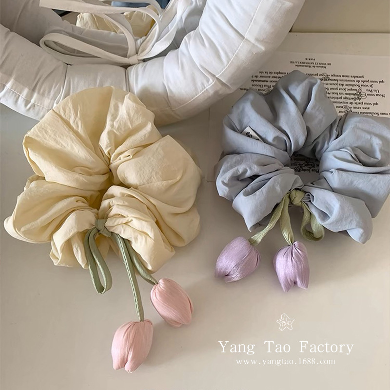 2025 nuevo tocado de temperamento suave, anillo para el cabello, flor de tulipán de alta gama de nicho, anillo de intestino grueso, accesorios para el cabello femenino