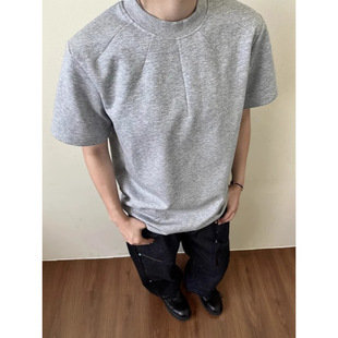 280g Heavyweight Air Cotton Shoulder Pad Short-Sleeved Men's Summer Design Deconstructed T-Shirt American Boxy Right Shoulder Half-Sleeve