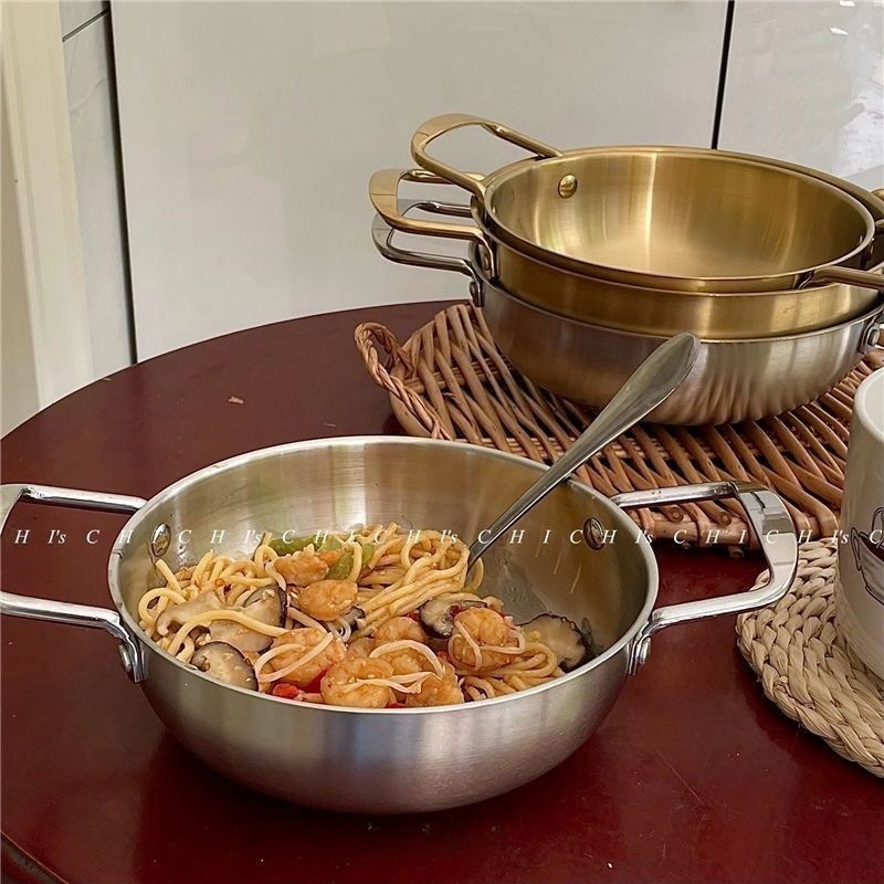 Korean-style instant noodle pot, stainless steel seafood hot pot for home use, double-handled golden soup pot, Korean ramen dry pot, single-person hot pot