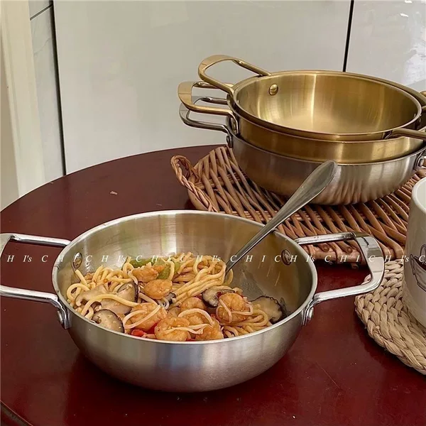 Korean-style instant noodle pot, stainless steel seafood hot pot for home use, double-handled golden soup pot, Korean ramen dry pot, single-person hot pot