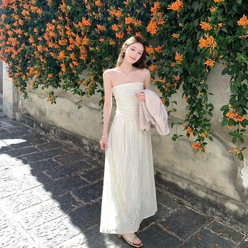 Spring and Summer Elegant Vacation Dress, Jacquard Slimming Hollow-Out Design, New Exquisite Strapless Long Dress, Creamy Color, Gentle and Unique