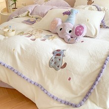 送抱枕卡通保暖牛奶绒四件动物刺绣加厚珊瑚绒1.2m被套床品紫粉色