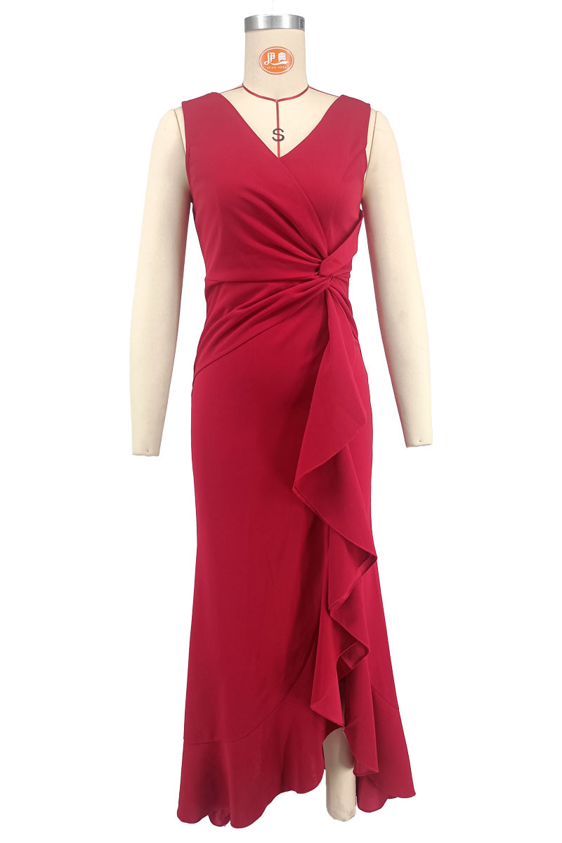 V neck Sleeveless Slim Fit Elegant Ruffled Split Long Evening Dress