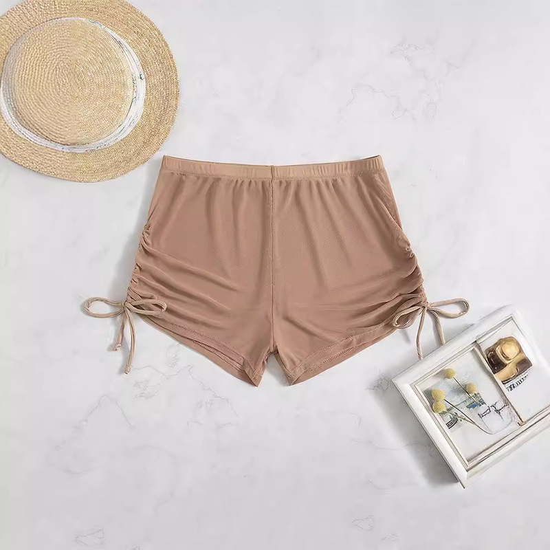 2023 European and American AliExpress New Sexy Solid Color Four Corner Transparent Mesh Drawstring Beach Swimming Trunks Bikini Shorts