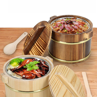 Wooden Barrel Rice Barrel Restaurant Dining Table Serving Rice Small Rice Barrel Wooden Barrel Cover Pouring Rice Insulation Barrel Tableware Commercial with Spoon