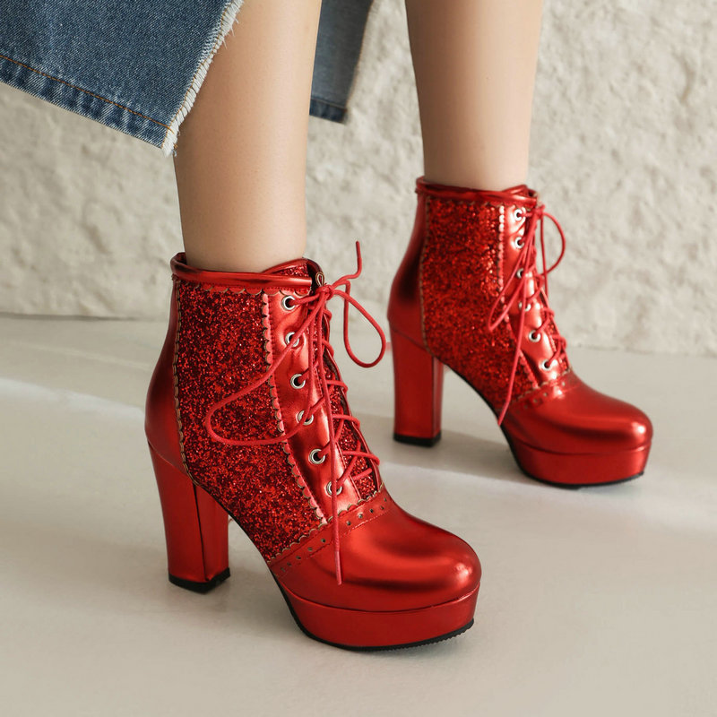 Women's short boots autumn and winter New sequined stitching chunky heel super high heel front lace-up ankle Martin boots high heel fashion boots