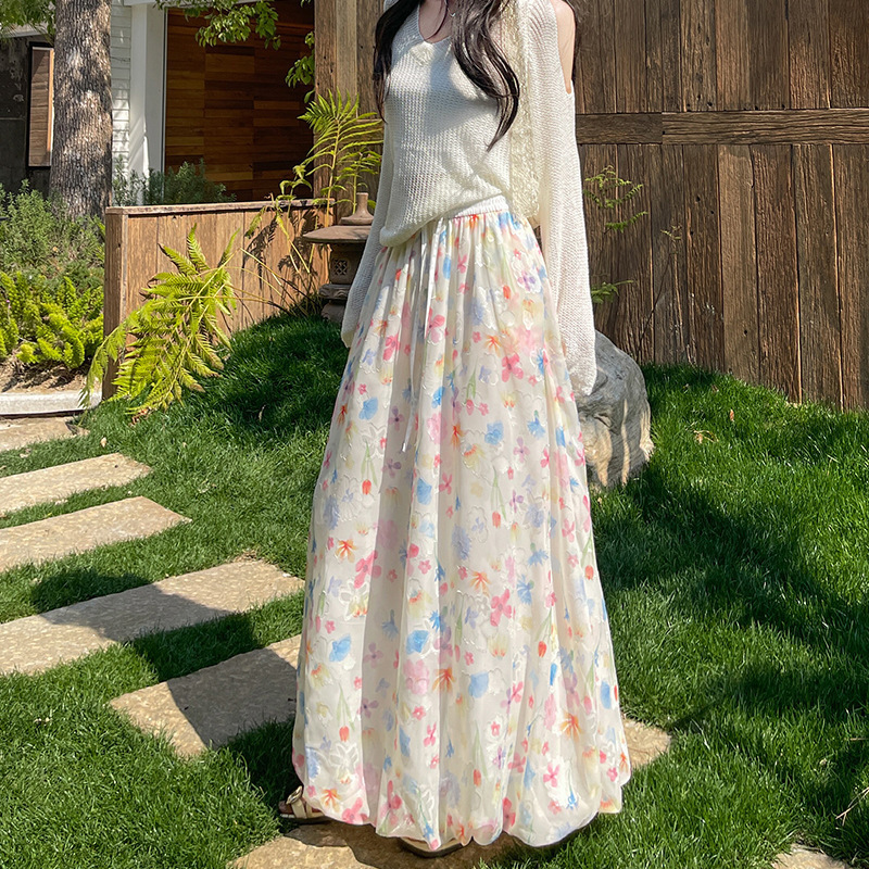 Floral Bud Skirt for Women 2025 New Summer High-Waisted Mid-Length Fashionable Age-Reducing Drawstring A-Line Puffy Skirt Floral Bud Skirt for Women 2025 New Summer High-Waisted Mid-Length Fashionable Age-Reducing Drawstring A-Line Puffy Skirt