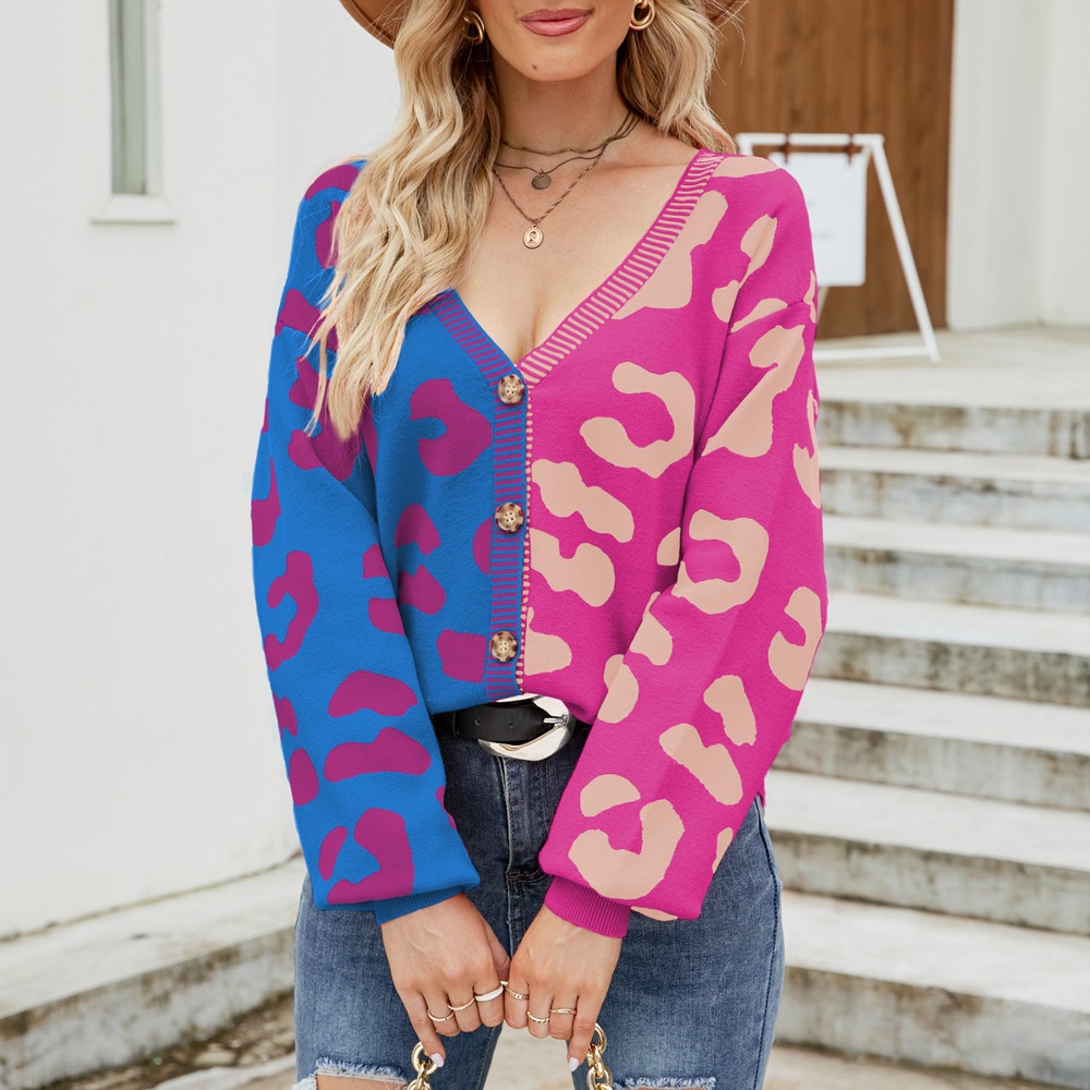 국경 유럽과 미국 의류 2023 가을 겨울 신상 아마존 대외 무역 대비 컬러 표범 무늬 브이넥 싱글 가디건 스웨터