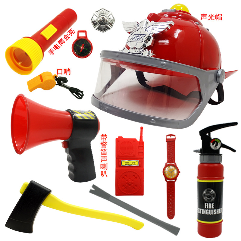 소방관 샘의 시계 성능 옷 의류 ACOUSTO-OPTIC CAP 조끼 장비 어린이 세트 유치원 물 총 소화기