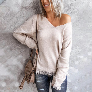 product - wholesale Women V neck Tassel Hem Loose Pullover Women Autumn Winter Bottoming Sweater - 2