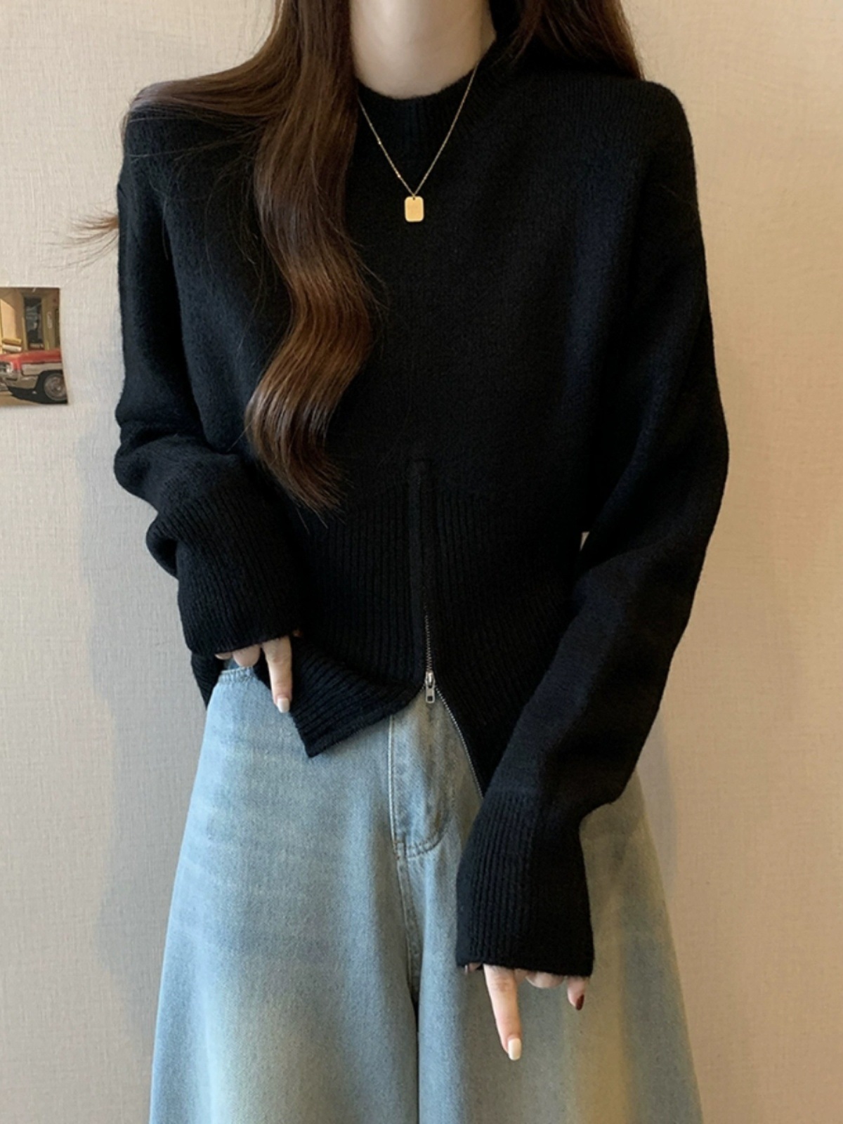 플러스 사이즈 통통녀 하프 하이 칼라 니트베이스 셔츠 여자 겨울 두꺼운 스웨터 내부 지퍼 불규칙한 쇼트 탑