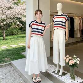 休闲时尚套装穿搭女夏甜美清新条纹宽松针织上衣白色半身裙两件套