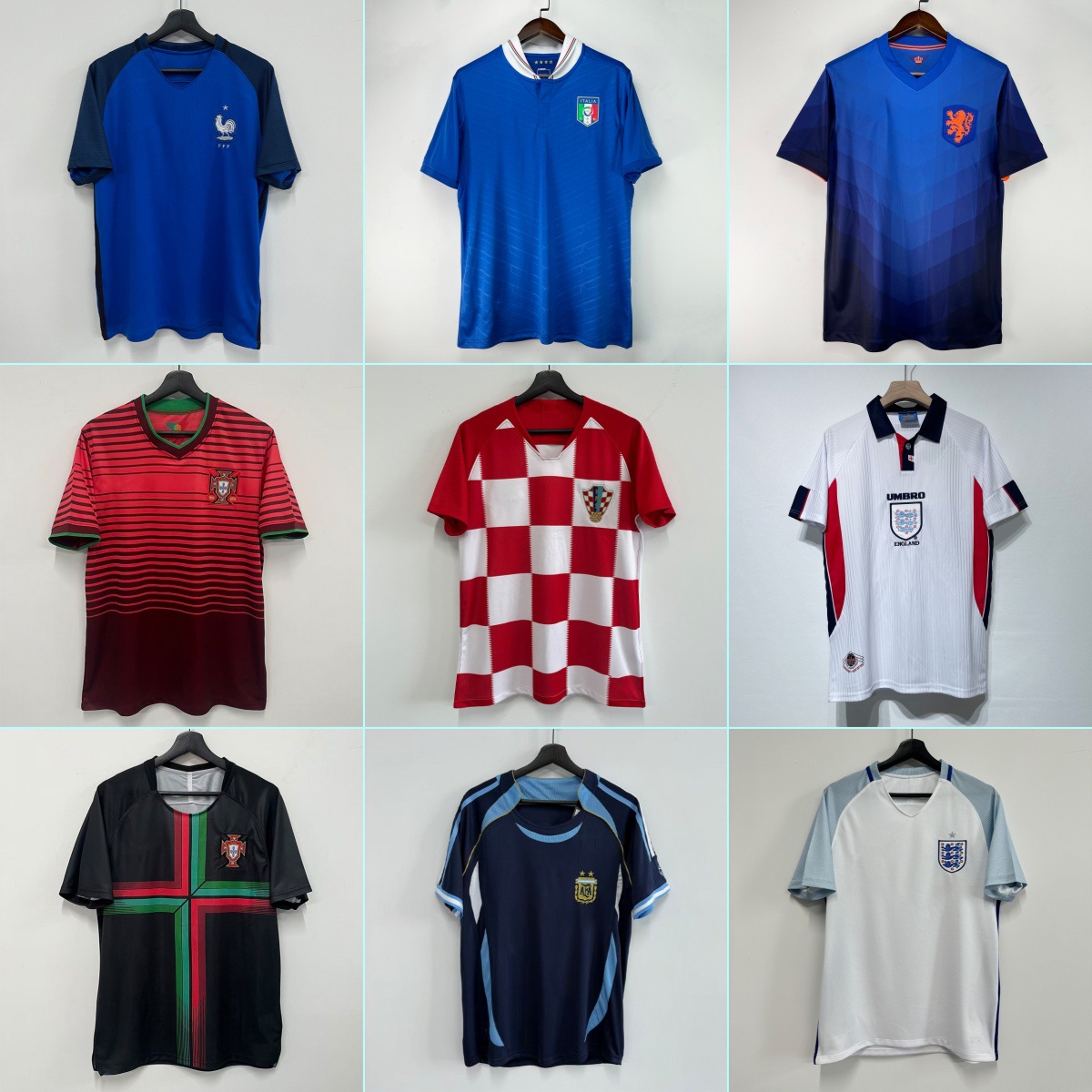 Vintage jerseys: Brazil, Portugal, Argentina, France, England, Croatia, Netherlands, and China national football teams