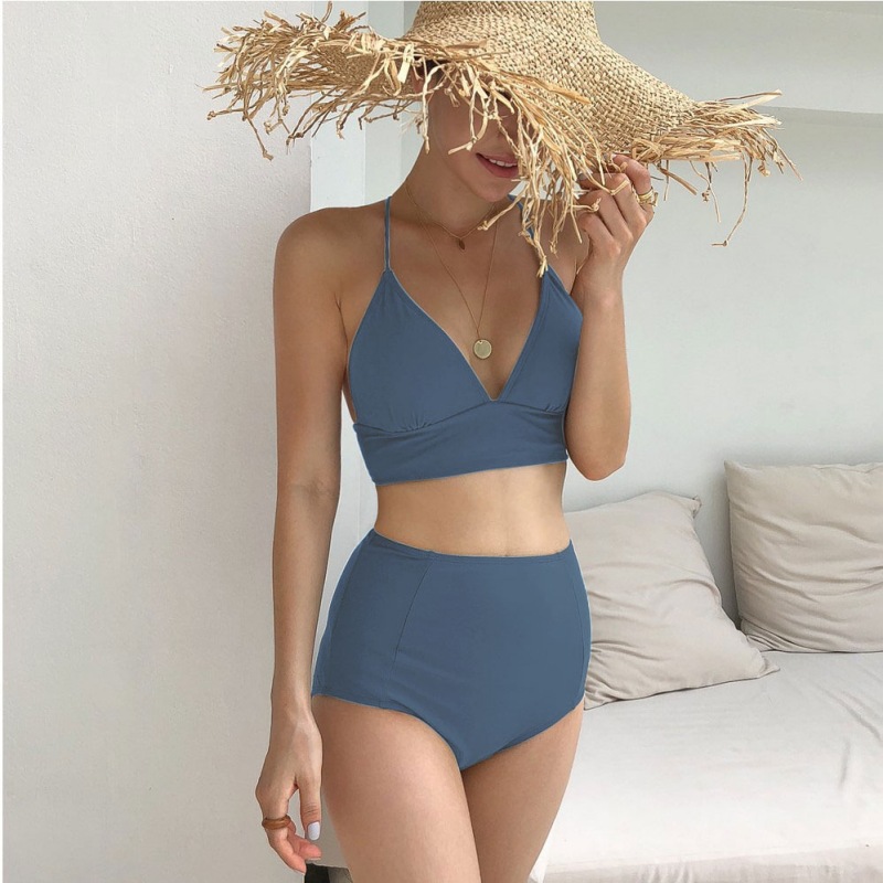 Cross-border wholesale simple ins style white split bikini strap beauty back push up chest high waist belly covering slimming swimsuit