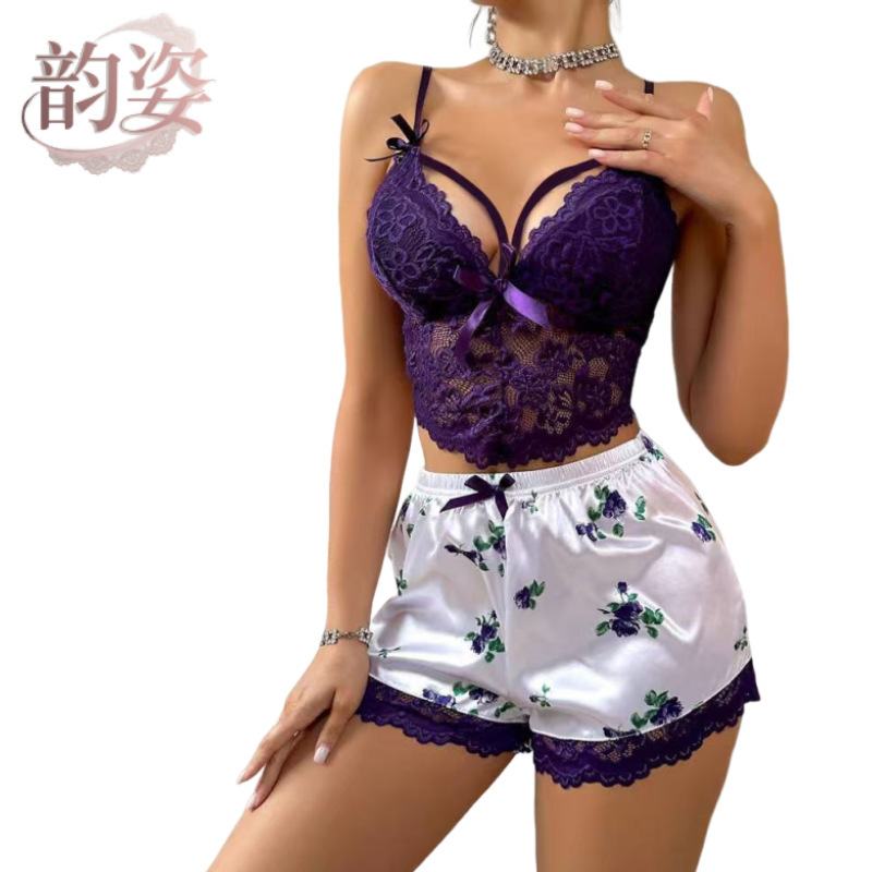 Cross-Border Lingerie Hot-Selling Camisole Lace Shorts Loungewear Set Sexy Sleepwear Lingerie Wholesale for Women
