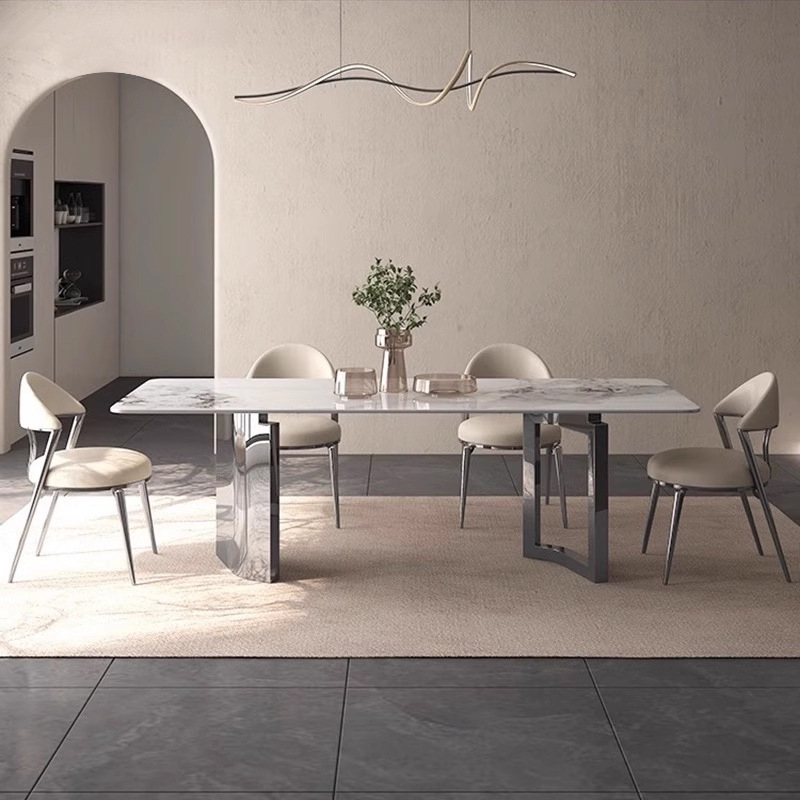 Luz de estilo italiano de lujo minimalista Placa de roca mesa de comedor y silla combinación moderna minimalista hogar pequeño apartamento rectangular mesa de comedor de acero inoxidable