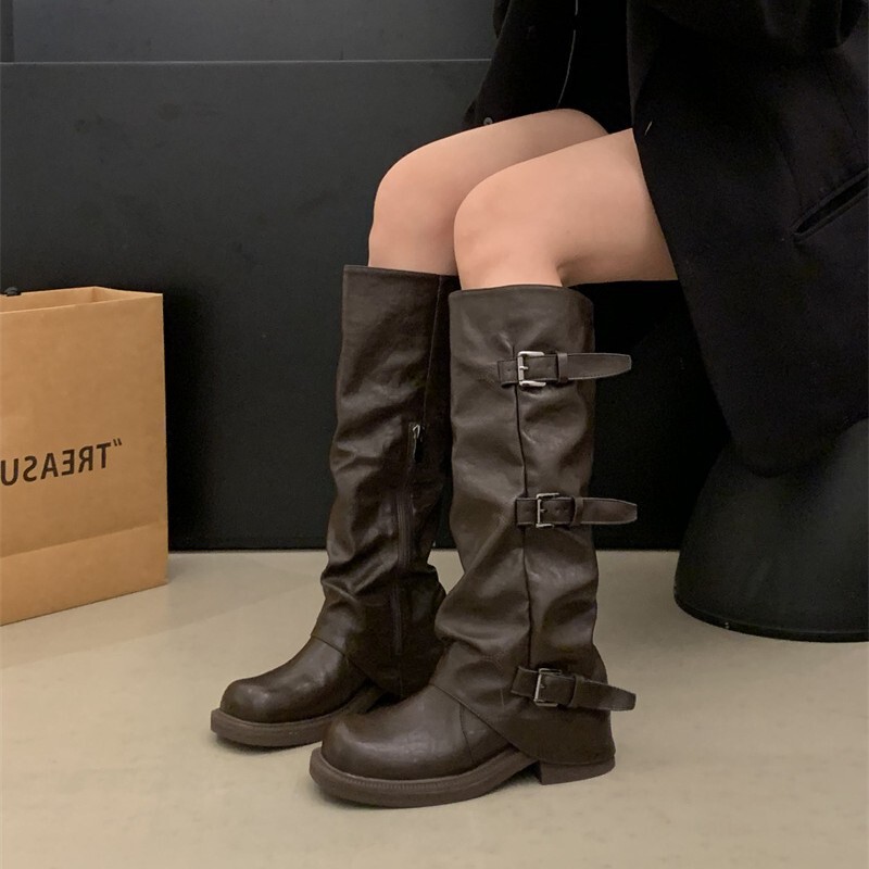 2025新款复古粗跟中筒靴女秋冬新款复古粗跟西部牛仔堆堆靴女|undefined