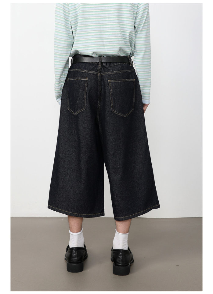 Quần short denim nam dáng rộng ống suông — Da bò thô màu đen, Xanh denim thô, Xanh đậm, Đen xám chi tiết 7