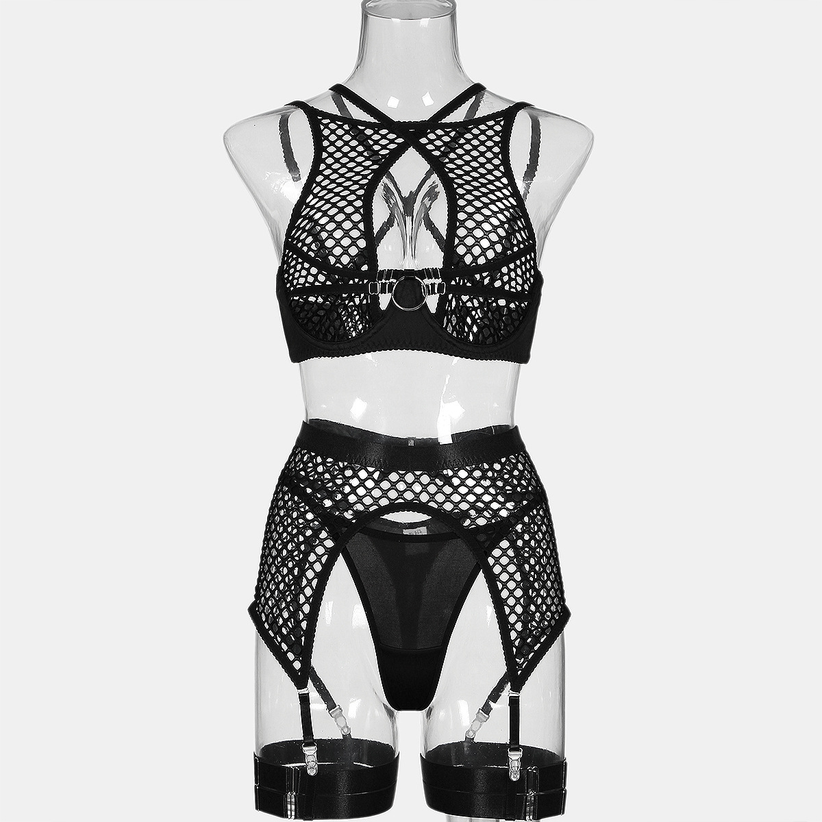 Black Halter Fishnet Lingerie Set For Women