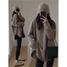 浣熊绒套头软糯毛衣女秋冬外穿中长款日系慵懒复古开叉针织衫冬季