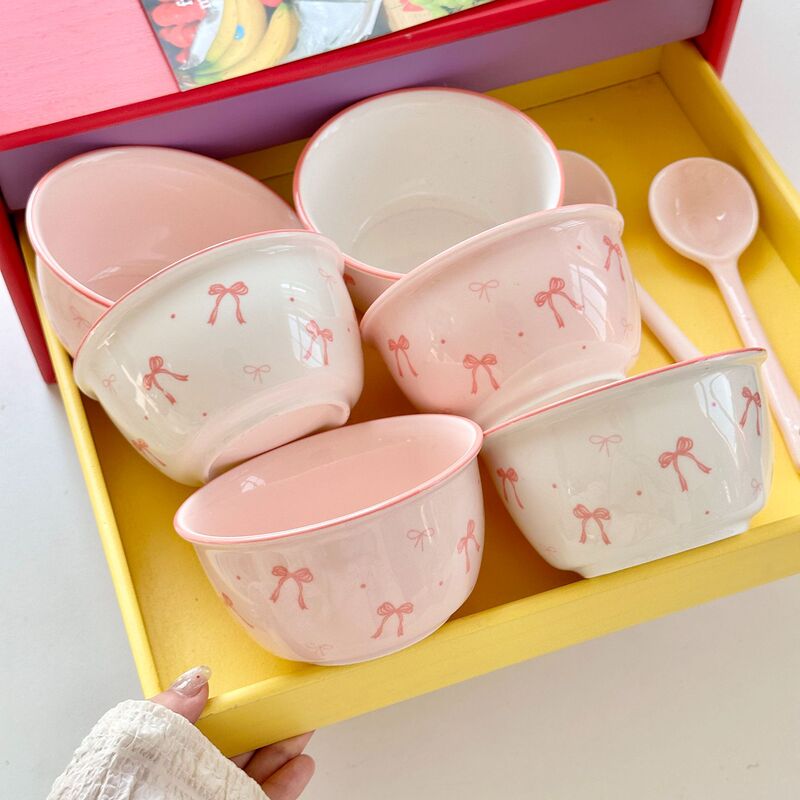 Ins系ご飯碗蝶結び陶磁器碗釉薬下彩家庭用ピンク少女心飯碗甜品碗可マイクロ波|undefined