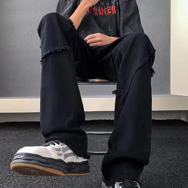 美式vibe风黑色裤子潮in高街男春夏宽松牛仔裤男款毛边直筒微喇裤