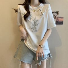 新中国式国風竹刺繍盤ボタン半袖tシャツ女性夏2025新型ゆるい着痩せ大サイズ上着