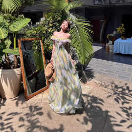 2026跨境南法花影浪漫印花撞色荷叶边大露背连衣裙度假风仙女长裙