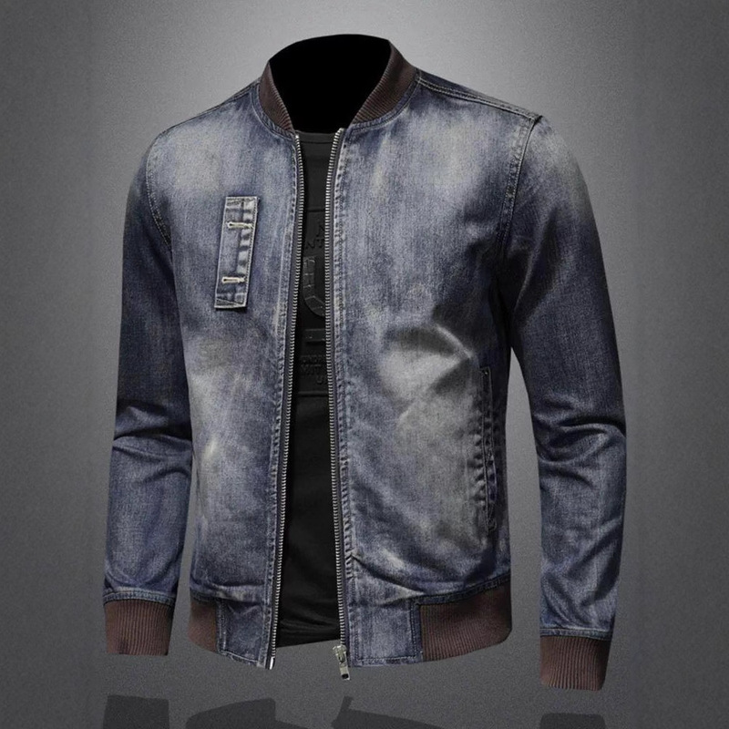 Manwei Venom Denim Jacket Men's American Style Retro Distinctive Slim-fit Vertical Collar Zipper Crock Jacket Bike Suit