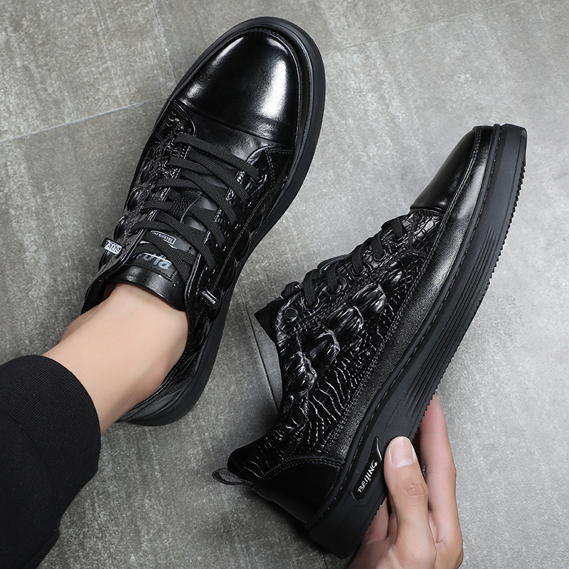 Crocodile Pattern Genuine Leather Embossed Men's Low-Top Sneakers, Black Men's Shoes, Slip-On Shoes, Versatile and Wear-Resistant