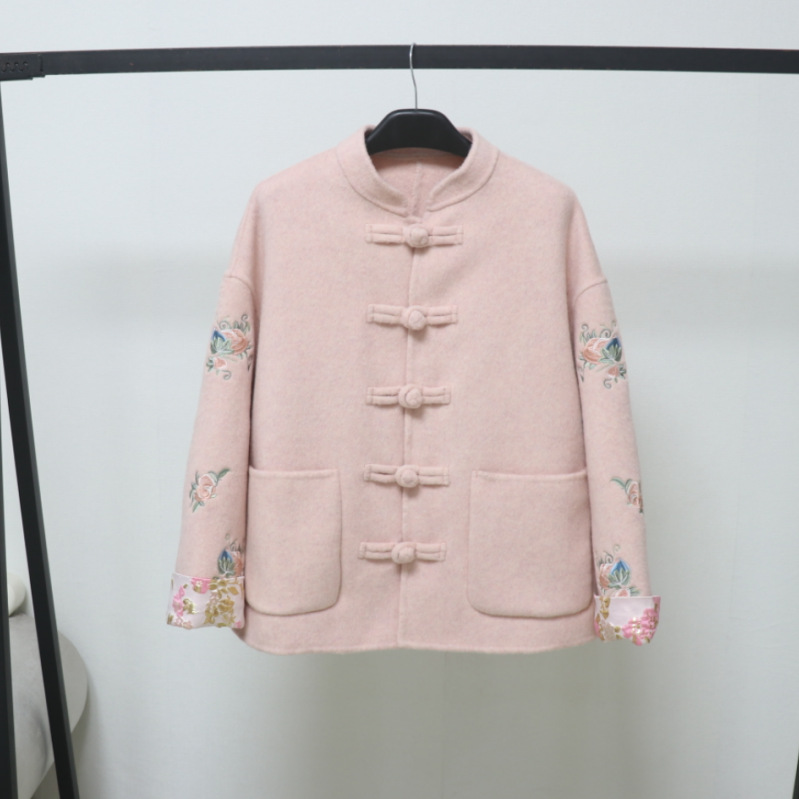 欧洲站刺绣新中式国风复古盘扣小个子高级感双面羊毛毛呢子外套大