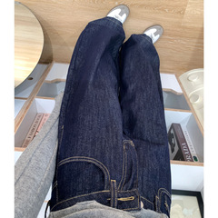 復古深藍色闊腿牛仔褲女小個子高腰寬鬆顯瘦直筒褲垂感拖地長褲潮