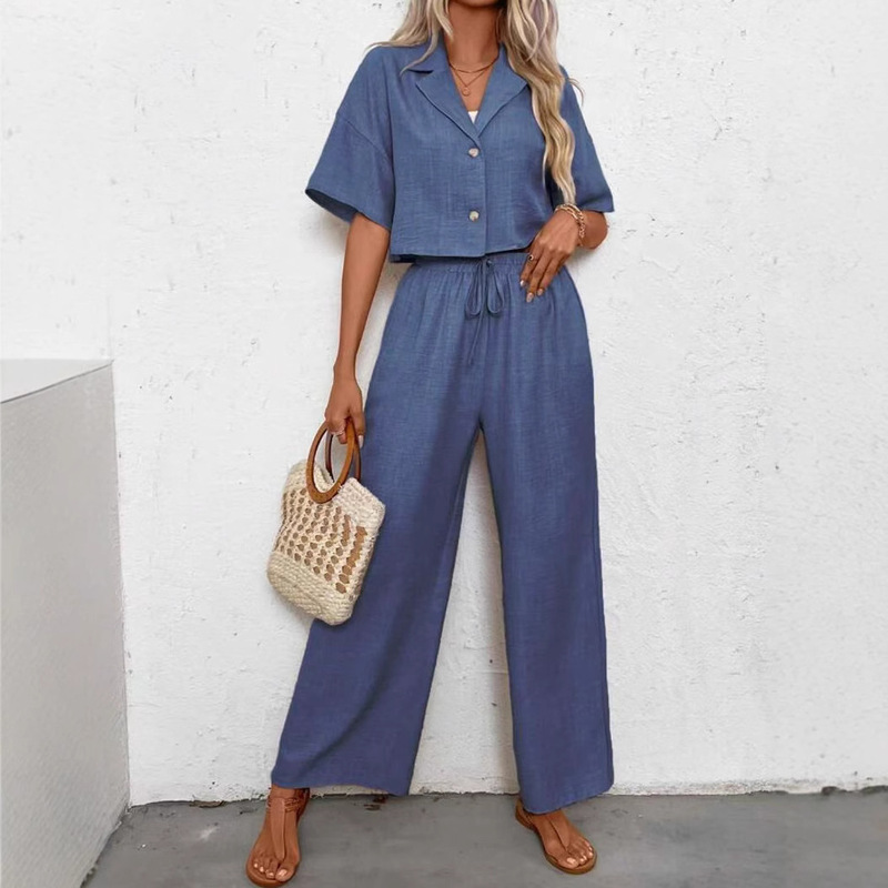2025 Cross-Border Popular Solid Color Elegant Two-Piece Fashion Elegant Casual Suit Jacket and Wide-Leg Pants Suit for Women