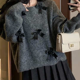 灰色慵懒风蝴蝶结毛衣女秋冬季新款宽 短款长袖针织衫
