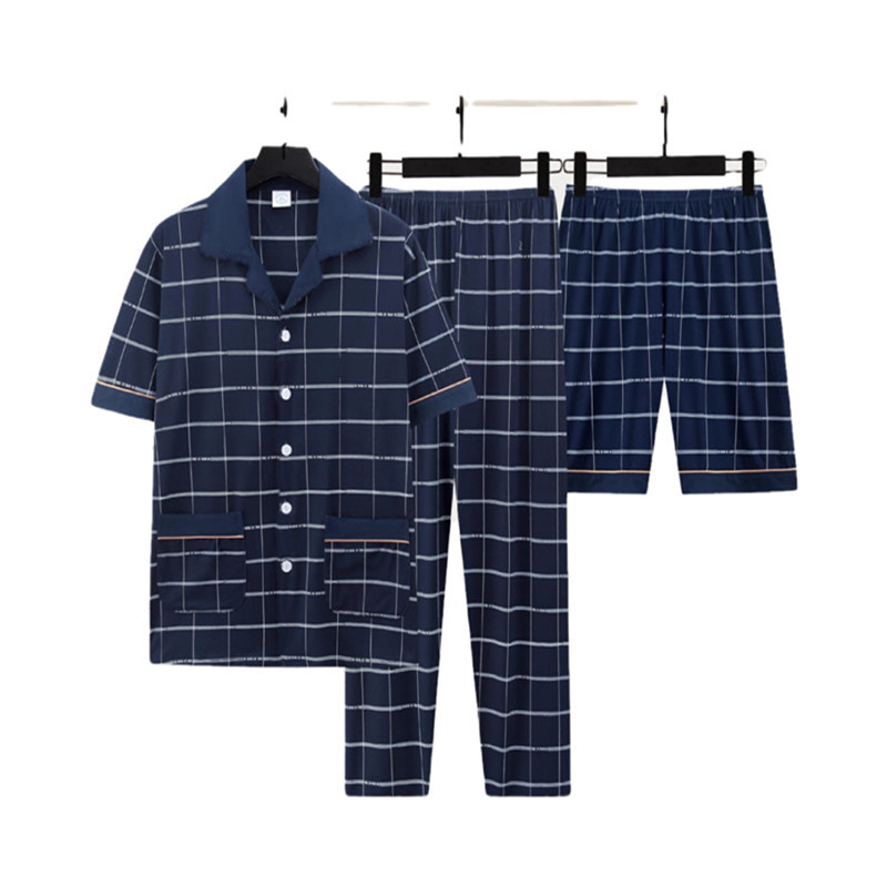Pijamas de hombre de manga corta pantalones de algodón de tres piezas juveniles de verano para aumentar el conjunto delgado de ropa de hogar de hombre
